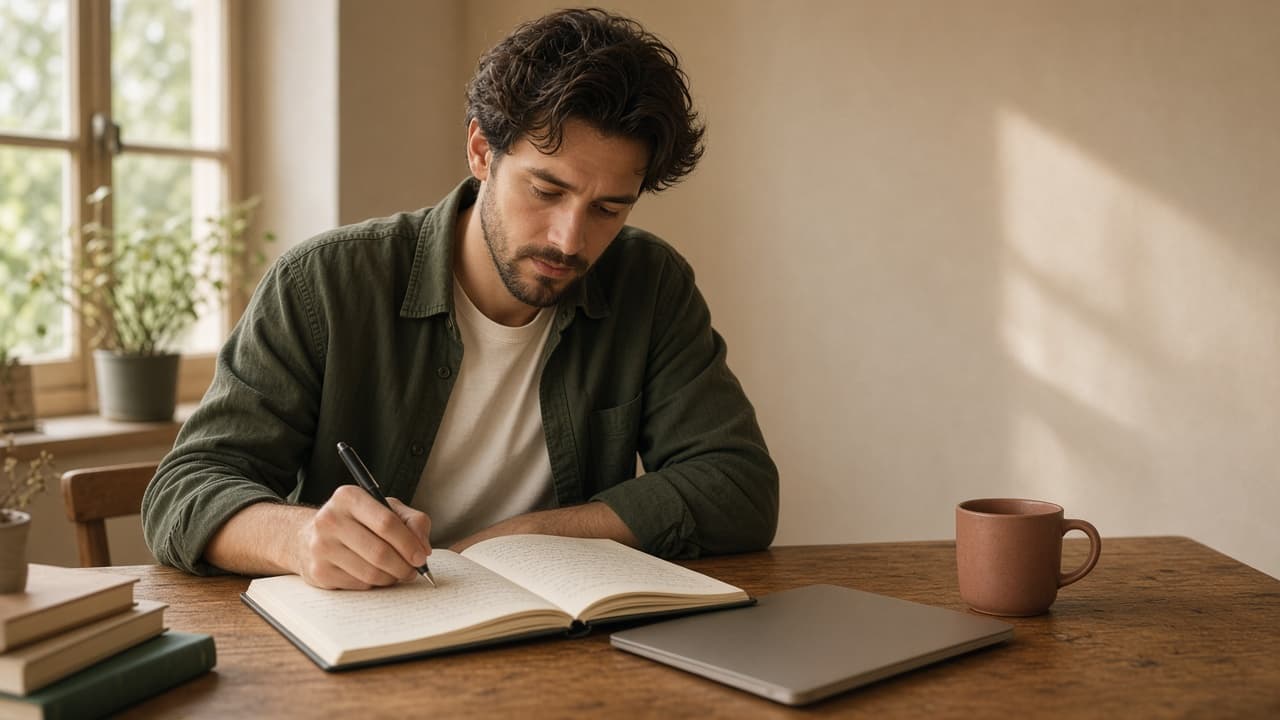 A person handwriting a thoughtful, explanatory answer in a notebook at a sunlit desk